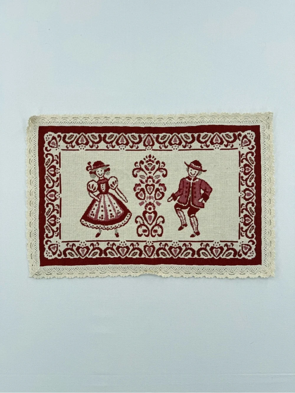 Vintage European Folk Art Table Mat Red Cream Lace Trim Alpine Couple